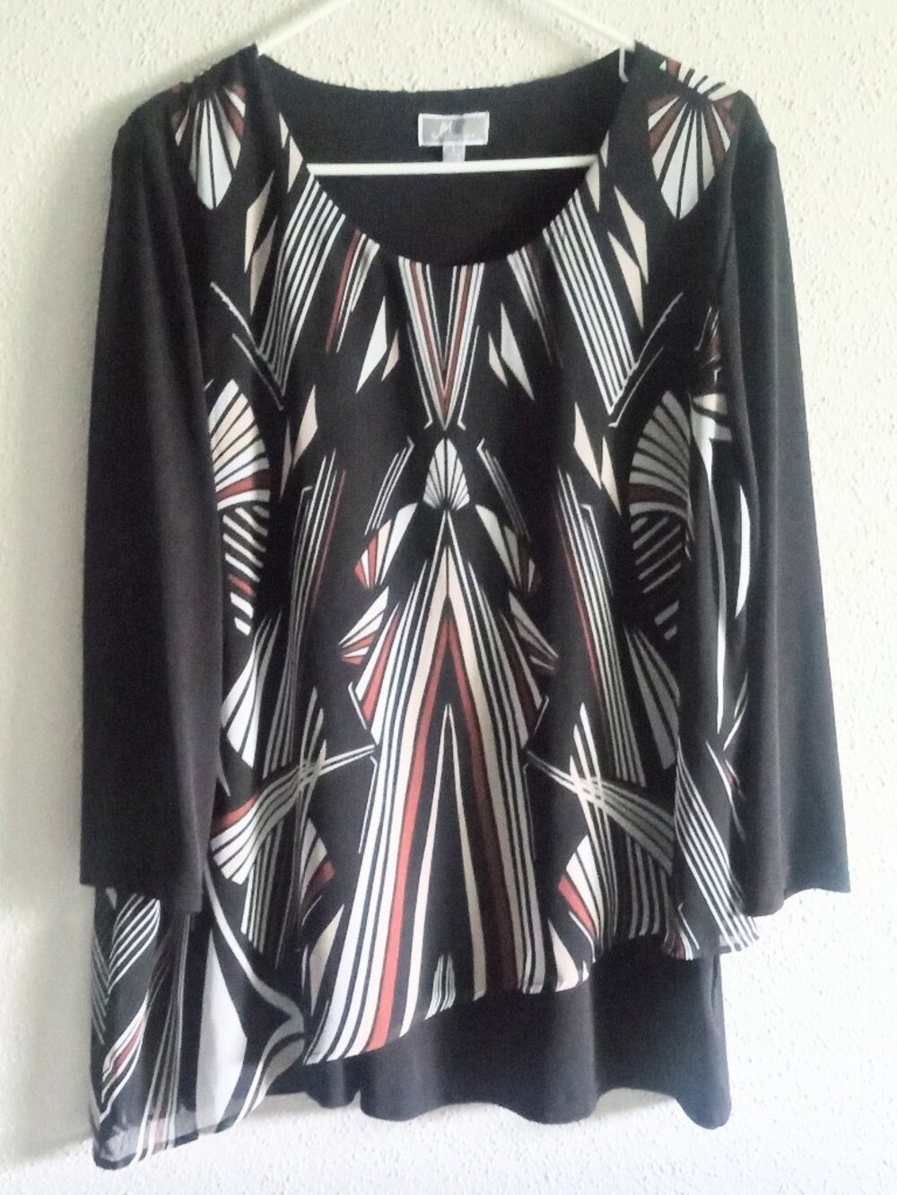 JM Collection Boho Flowy Women's Large Geometric Layered Blouse Black 3/4 Sleeve